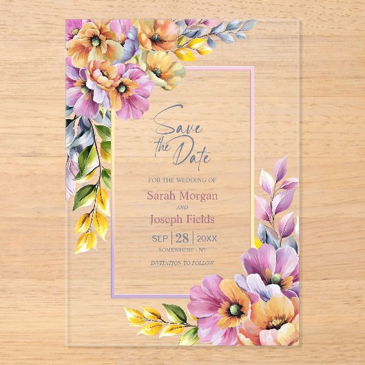 Pink and Orange Floral Save The Date アクリル招待状 (正面)