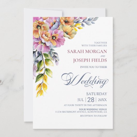 Pink and Orange Floral Wedding  招待状 (正面)