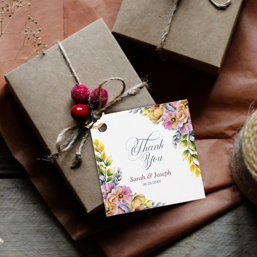 Pink and Orange Floral Wedding Thank You フェイバータグ