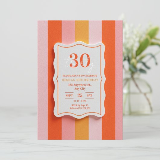 Pink and Orange Gummy Striped Frame Birthday 招待状 (スタンド正面)