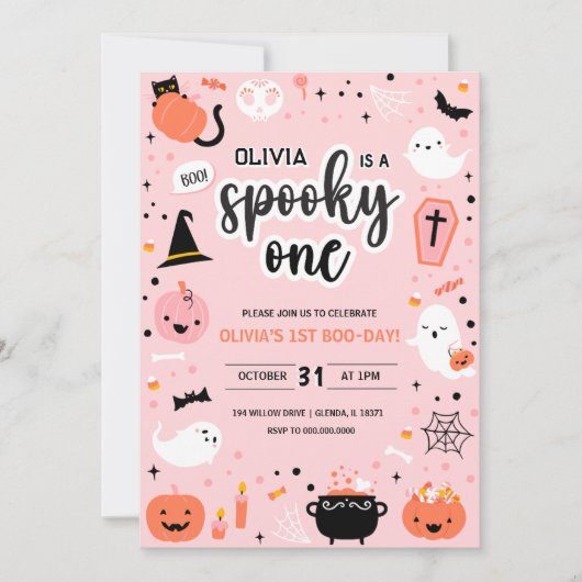 Pink and Orange Halloween 1st Birthday Invitation  招待状 (正面)