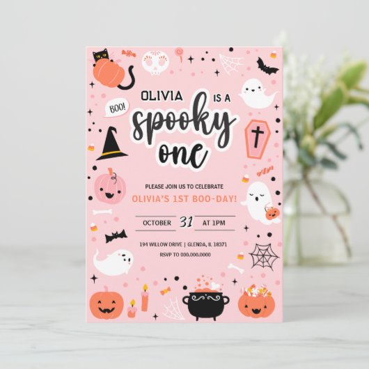 Pink and Orange Halloween 1st Birthday Invitation 招待状 (スタンド正面)