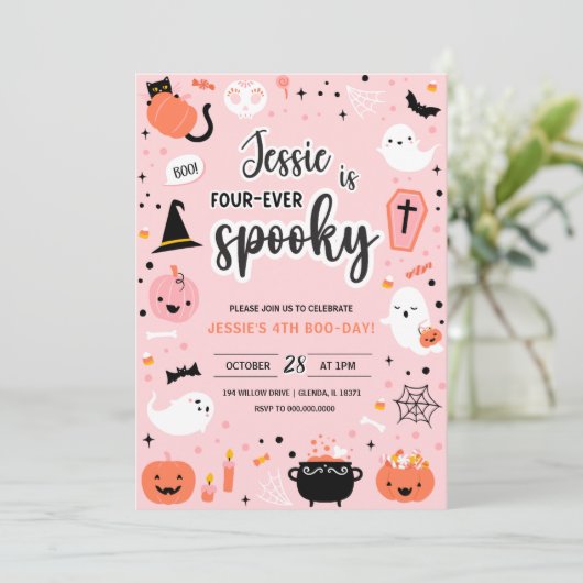 Pink and Orange Halloween 4th Birthday Invitation  招待状 (スタンド正面)