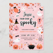 Pink and Orange Halloween 4th Birthday Invitation  招待状 (正面/裏面)