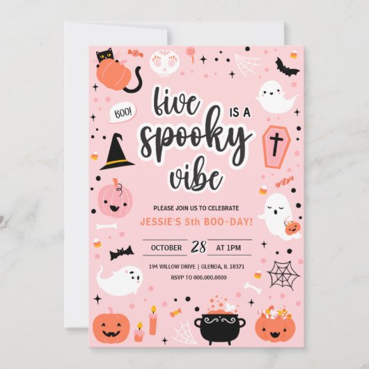 Pink and Orange Halloween 5th Birthday Invitation  招待状 (正面)