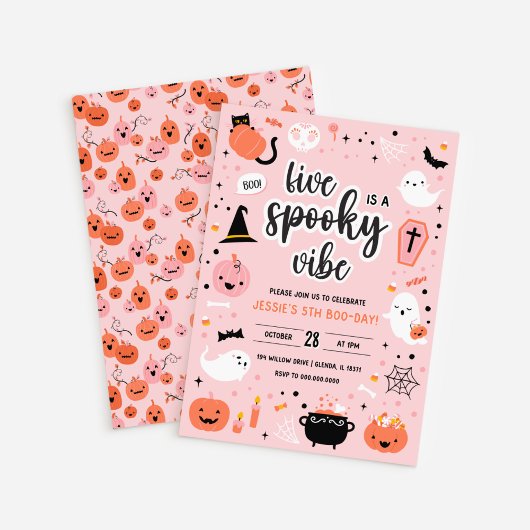 Pink and Orange Halloween 5th Birthday Invitation  招待状