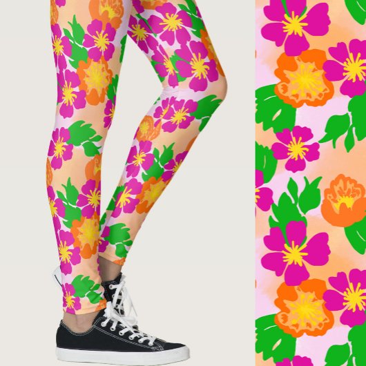 Pink and Orange Tropical Flowers Patterned レギンス