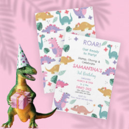 Pink and Pastel Girls Dinosaur Birthday Invitation 招待状