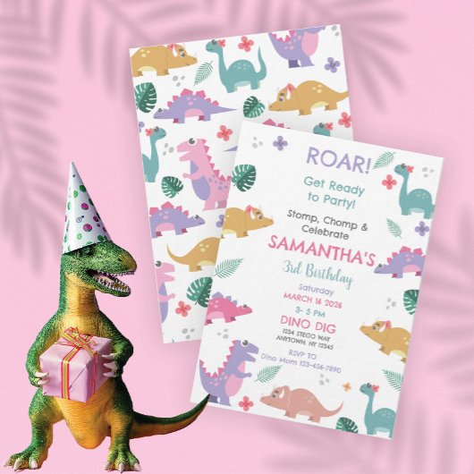 Pink and Pastel Girls Dinosaur Birthday Invitation 招待状