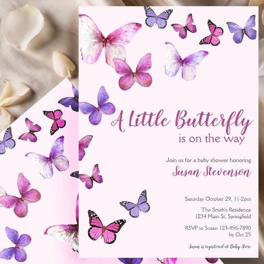 Pink and Purple A Little Butterfly Baby Shower 招待状