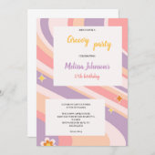 pink and purple and  yellow retro groovy birthday  招待状 (正面/裏面)