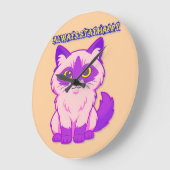 pink and purple cartoon cat ラージ壁時計 (傾斜)