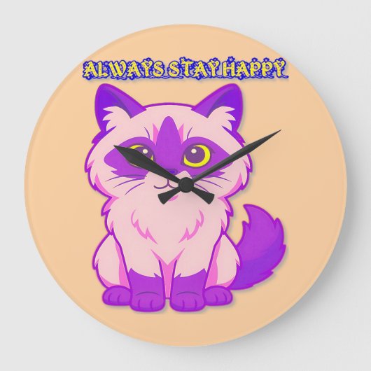 pink and purple cartoon cat ラージ壁時計 (正面)