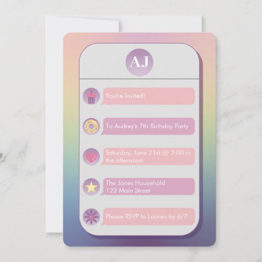 Pink and Purple Cell Phone Kid's Birthday Party 招待状 (正面)