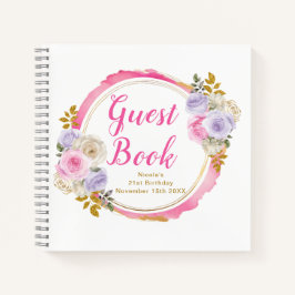Pink and Purple Elegant Flower Birthday Guest Book ノートブック