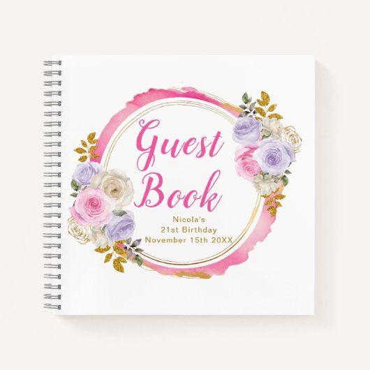 Pink and Purple Elegant Flower Birthday Guest Book ノートブック (正面)