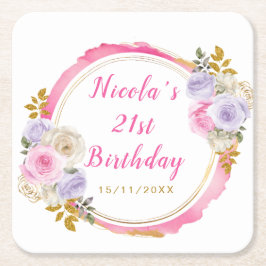 Pink and Purple Elegant Flowers Birthday Party スクエアペーパーコースター