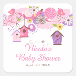 Pink and Purple Floral Bird Cages Baby Shower スクエアシール