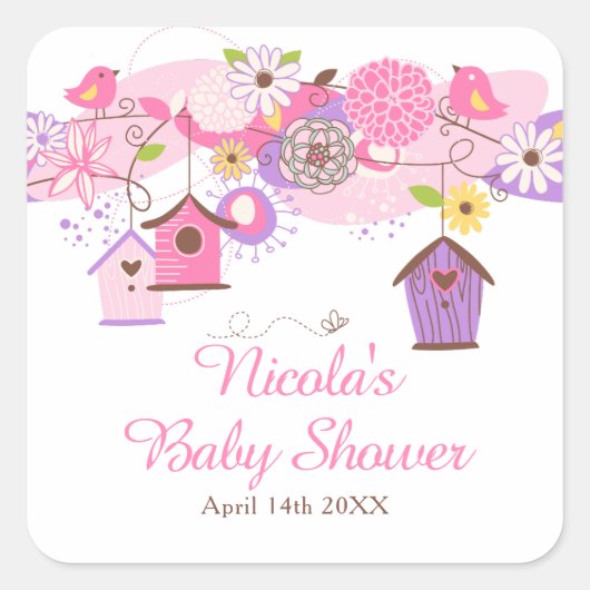 Pink and Purple Floral Bird Cages Baby Shower スクエアシール (正面)