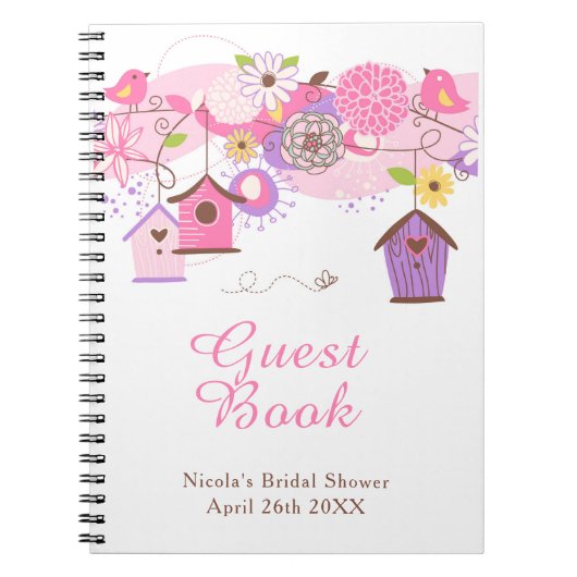Pink and Purple Floral Bird Houses Bridal Shower ノートブック (正面)