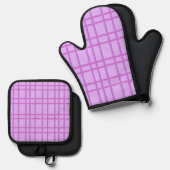 Pink and purple flower checkered pattern 鍋つかみ&鍋敷きセット (正面/裏面)