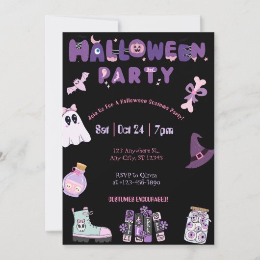 Pink and Purple Halloween Party Cute Ghost &Spooky 招待状 (正面)