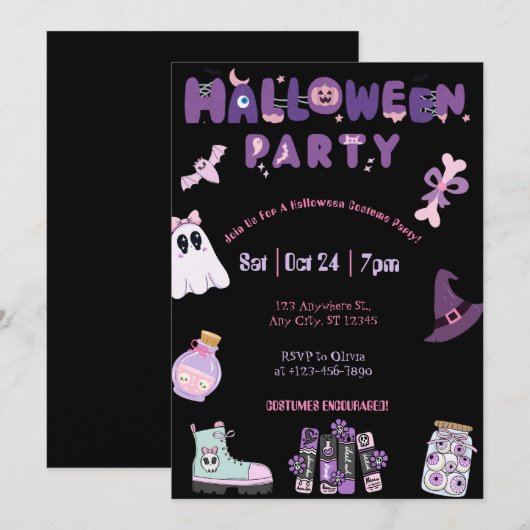 Pink and Purple Halloween Party Cute Ghost &Spooky 招待状 (正面/裏面)