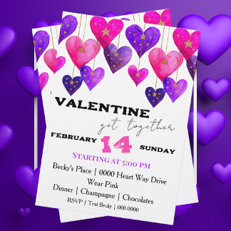 Pink and Purple Hearts Valentine Day 招待状