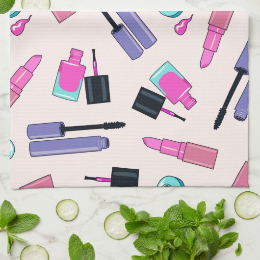 Pink and Purple Make Up Cosmetics Pattern キッチンタオル (折り畳み)