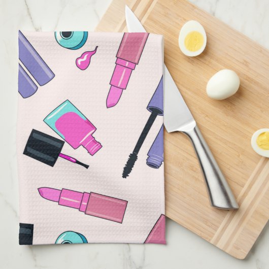 Pink and Purple Make Up Cosmetics Pattern キッチンタオル (四つ折り)