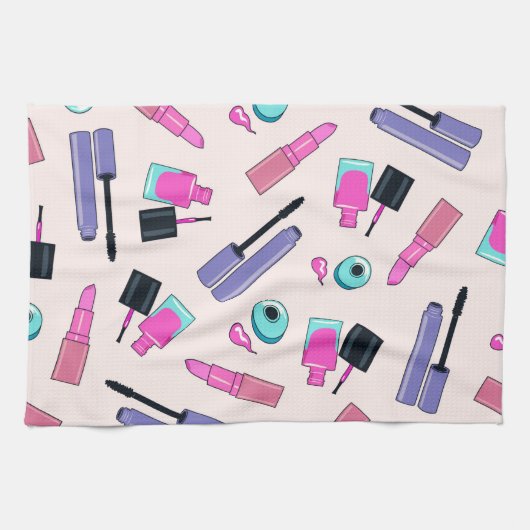 Pink and Purple Make Up Cosmetics Pattern キッチンタオル (横)