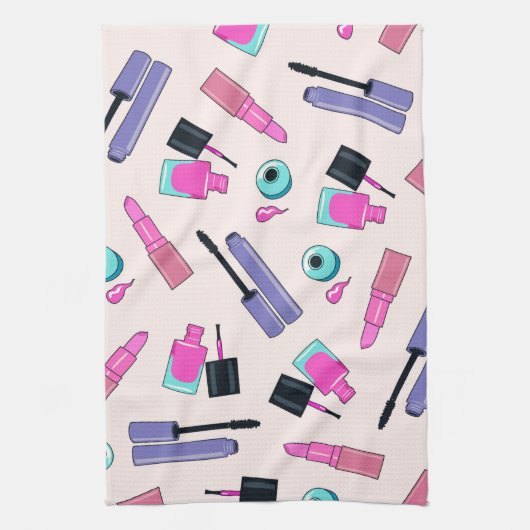 Pink and Purple Make Up Cosmetics Pattern キッチンタオル (縦)