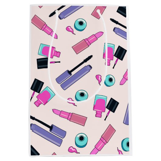 Pink and Purple Make Up Cosmetics Pattern ミディアムペーパーバッグ (正面)