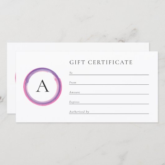 Pink and Purple Monogram Business Gift Certificate (正面/裏面)