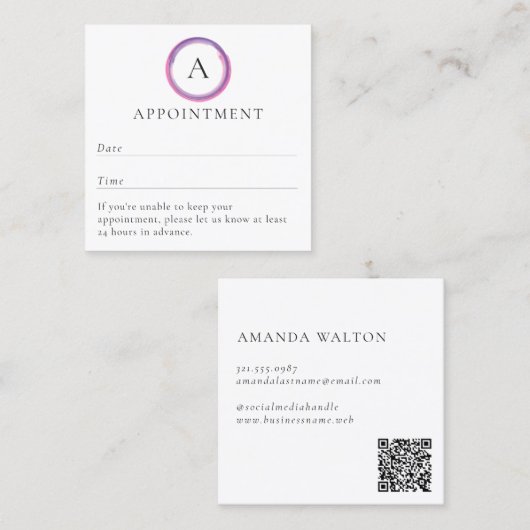 Pink and Purple Monogram QR Code Modern 予約カード (正面/裏面)