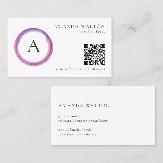 Pink and Purple Monogram QR Code Modern 名刺 (正面/裏面)