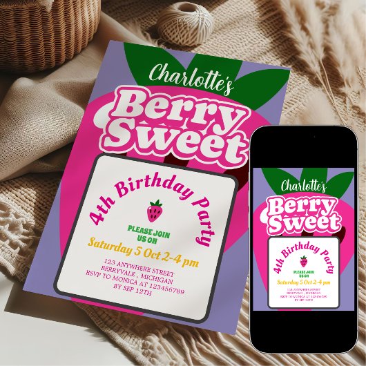 Pink and Purple Strawberry Berry Sweet Birthday 招待状