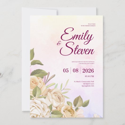 Pink and Purple Watercolor Elegance Wedding 招待状 (正面)