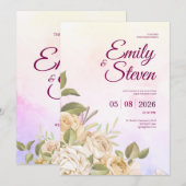 Pink and Purple Watercolor Elegance Wedding 招待状 (正面/裏面)