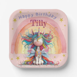 Pink and Rainbow Unicorn Girls Birthday ペーパープレート