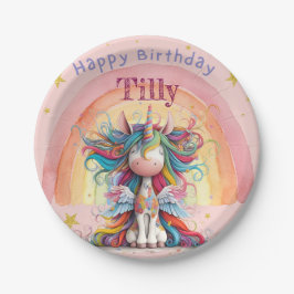 Pink and Rainbow Unicorn Girls Birthday ペーパープレート