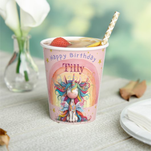 Pink and Rainbow Unicorn Girls Birthday 紙コップ (インサイチュ)