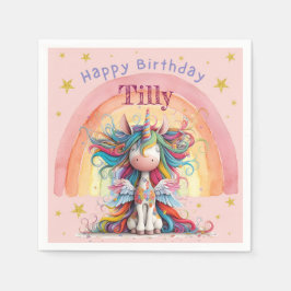 Pink and Rainbow Unicorn Girls Birthday Napkins スタンダードカクテルナプキン