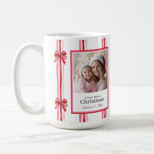 Pink and Red Bows Christmas Photo Mug コーヒーマグカップ (左)