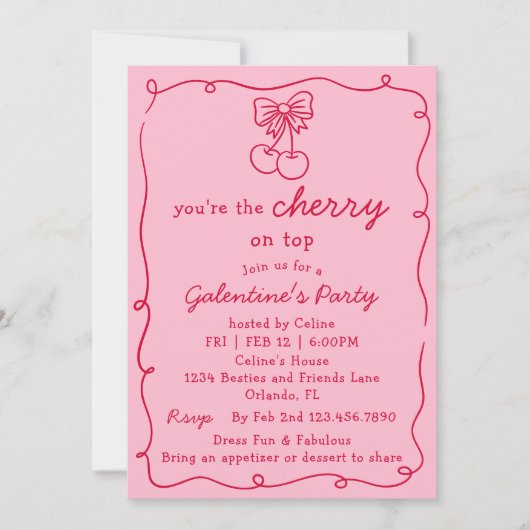 Pink and Red Cherry On Top Galentines Dinner Party 招待状 (正面)