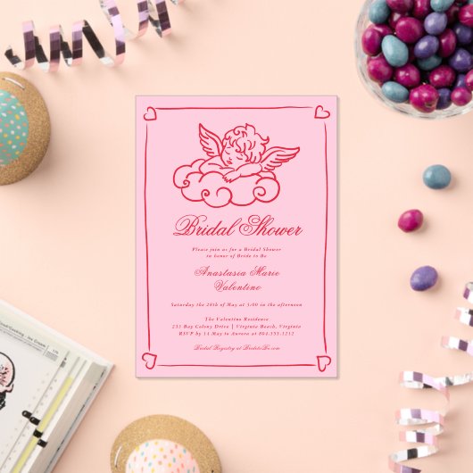 Pink and Red Cherub Whimsical Bridal Shower  アクリル招待状 (インサイチュ (お祝い))
