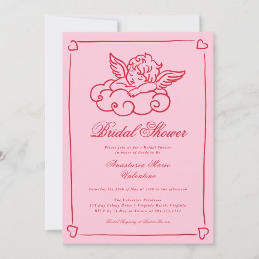 Pink and Red Cherub Whimsical Bridal Shower  招待状 (正面)