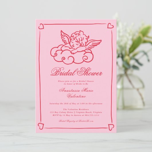 Pink and Red Cherub Whimsical Bridal Shower  招待状 (スタンド正面)