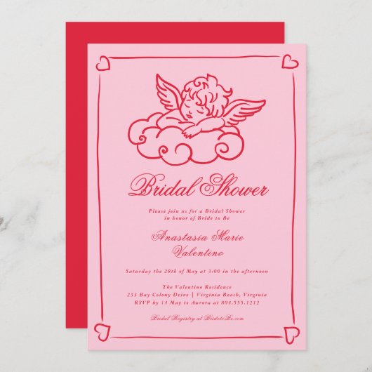 Pink and Red Cherub Whimsical Bridal Shower  招待状 (正面/裏面)
