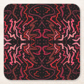 Pink And Red Dots And Squiggles Pattern On Black スクエアペーパーコースター (正面)